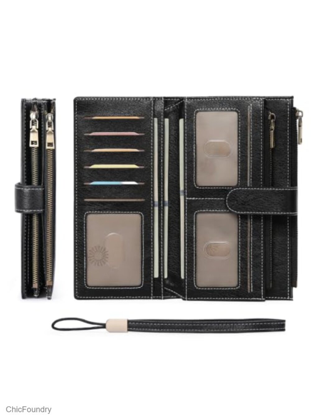 Large RFID Blocking Wallet Women Faux Leather Wristlet Trifold Clutch